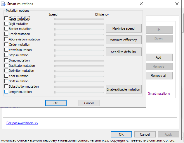 Advanced Office Password Recovery selecting smart mutations