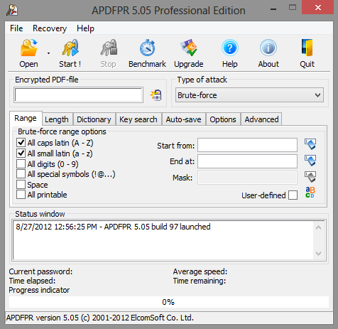 Advanced PDF Password Recovery main window
