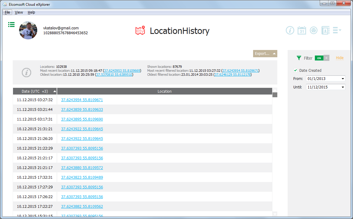 Elcomsoft Cloud Explorer: location history