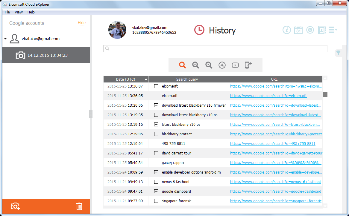 Elcomsoft Cloud Explorer: search history details