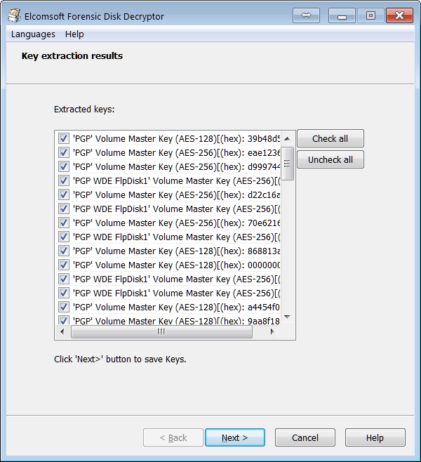 Elcomsoft Forensic Disk Decryptor key extraction results