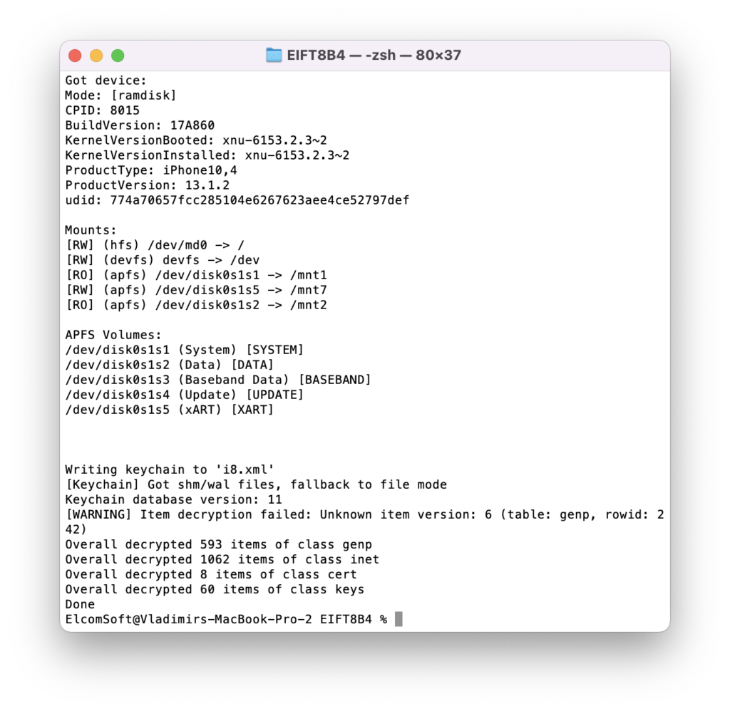 Elcomsoft iOS Forensic Toolkit for macOS. Keychain decription