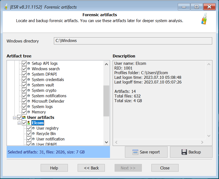 Elcomsoft System Recovery. Forensic Artefacts